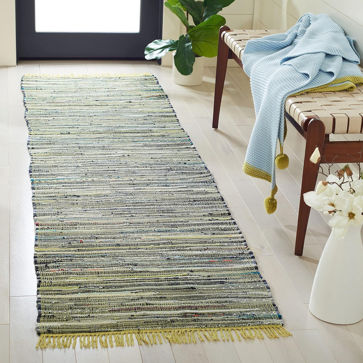 Handmade Boho Stripe Washable Light Green/Multi Cotton Area Rug