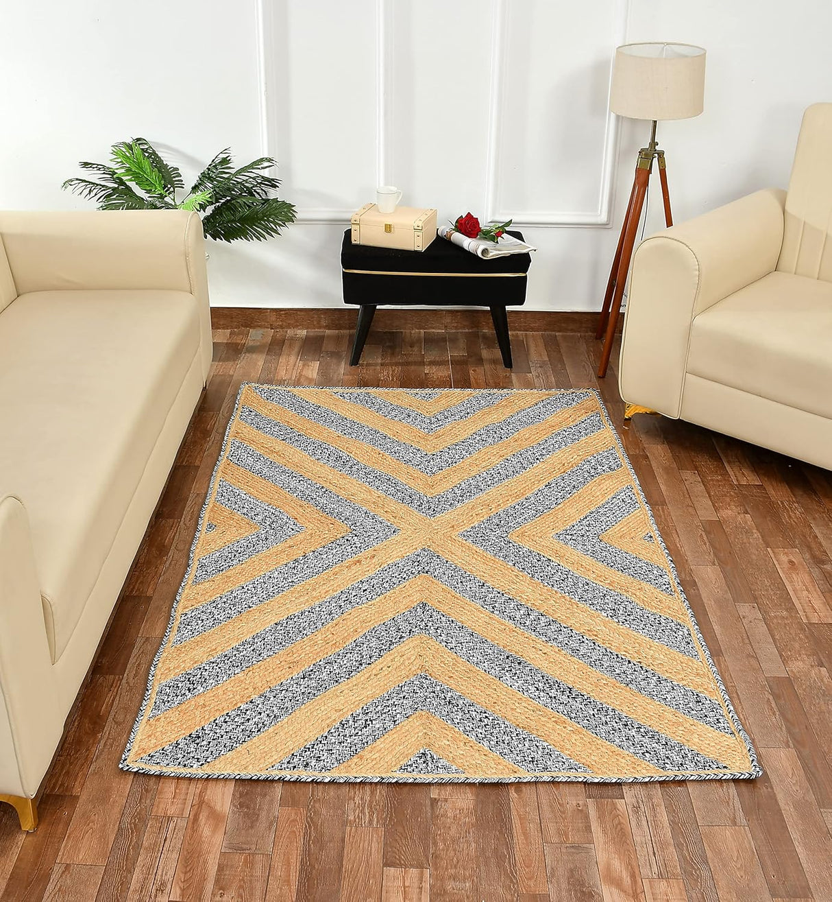 Unique Handmade Boho Rug – Hand-Braided Beige & Black Area Rug for Home
