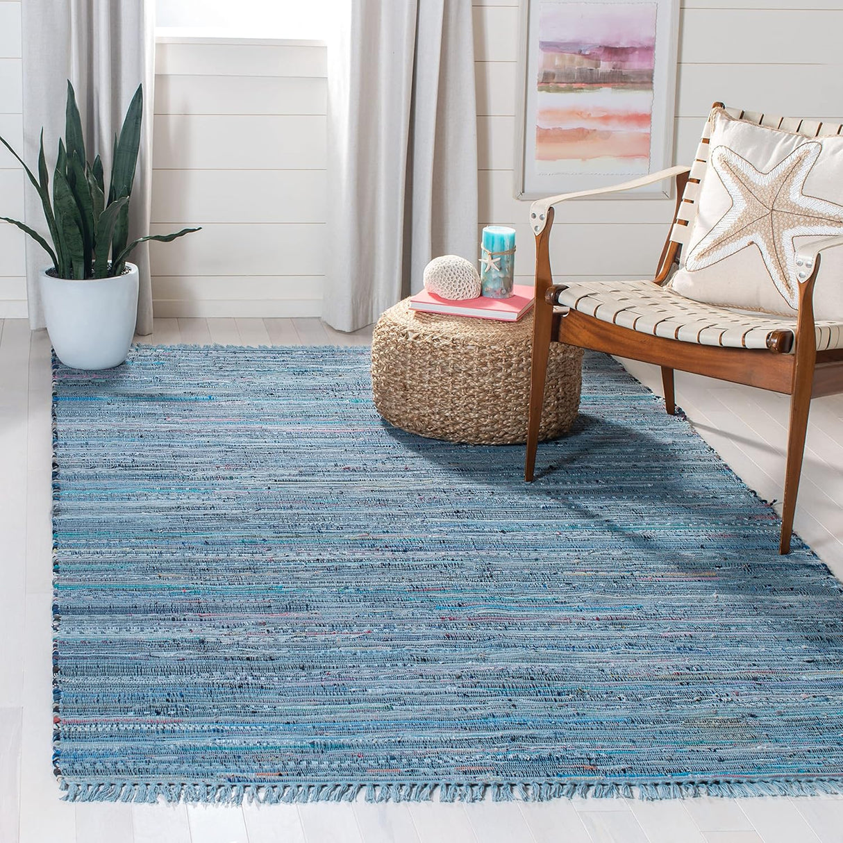 Handmade Boho Stripe Washable Blue/Multi Cotton Area Rug