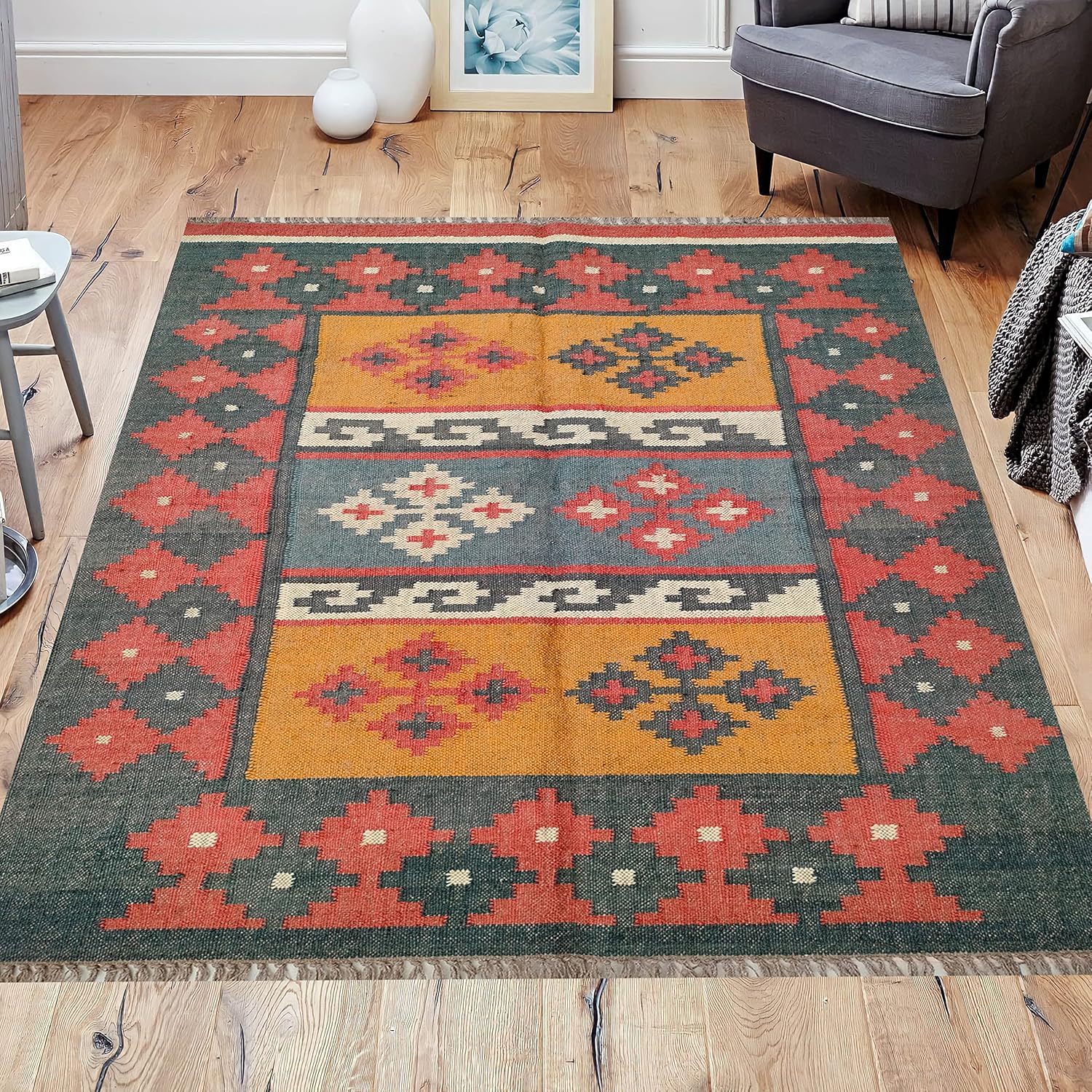 Natural Jute Kilim Dhurrie Rugs,Traditional Wool Jute Rug,Black-multi