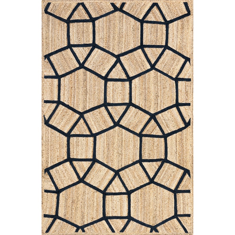 Handmade Jute Area Rug – Black and Beige Boho Style Carpet