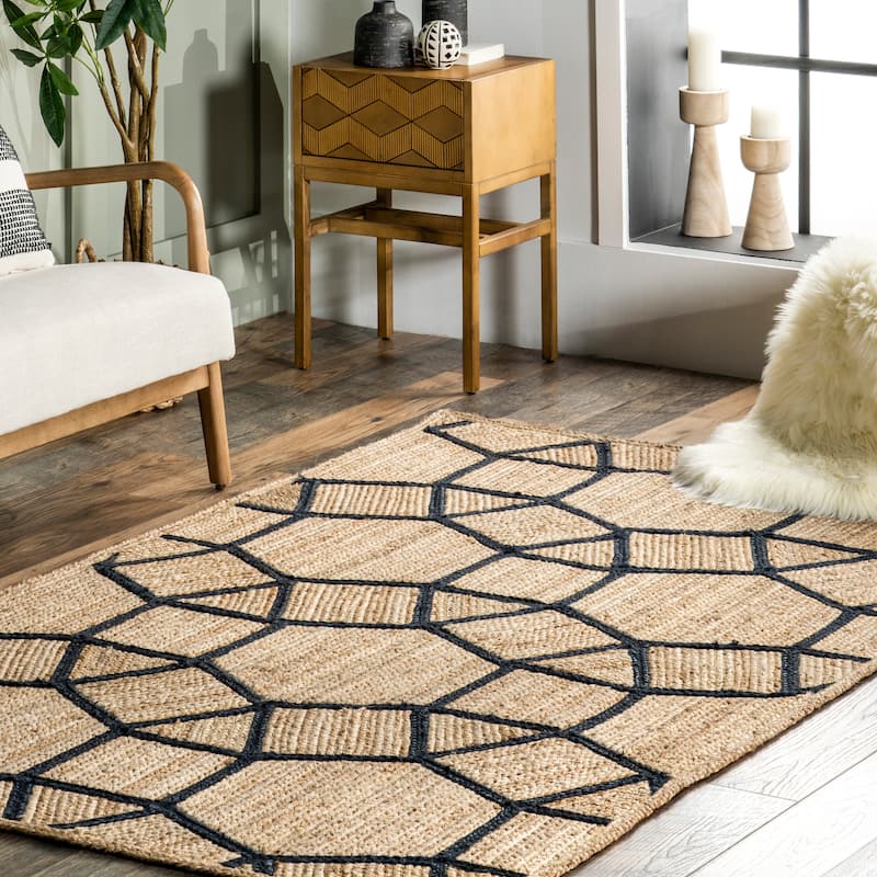 Handmade Jute Area Rug – Black and Beige Boho Style Carpet