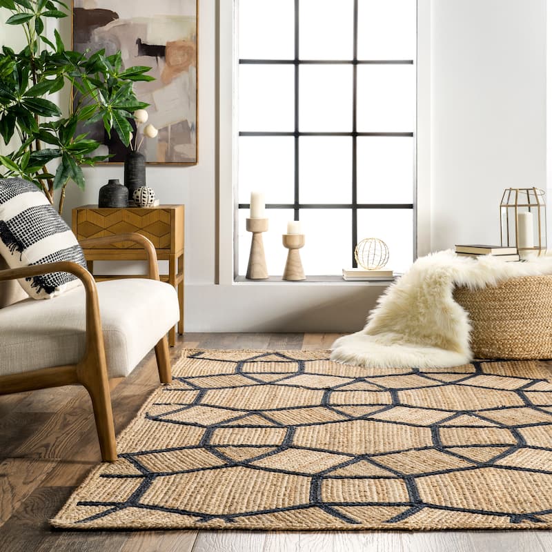 Handmade Jute Area Rug – Black and Beige Boho Style Carpet