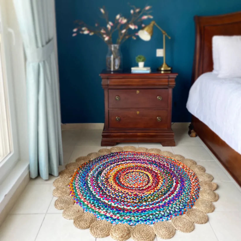 Jute and Chindi Floral Braided Rug – Natural Handwoven Area Mat