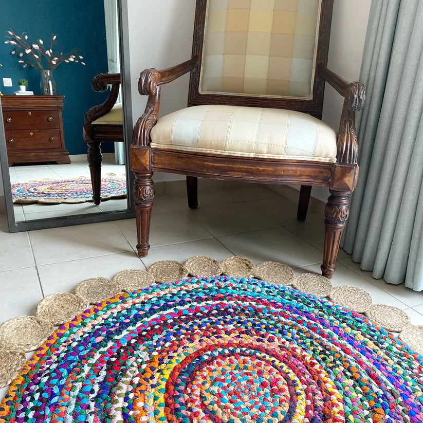 Jute and Chindi Floral Braided Rug – Natural Handwoven Area Mat