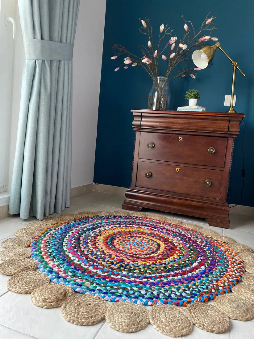 Jute and Chindi Floral Braided Rug – Natural Handwoven Area Mat