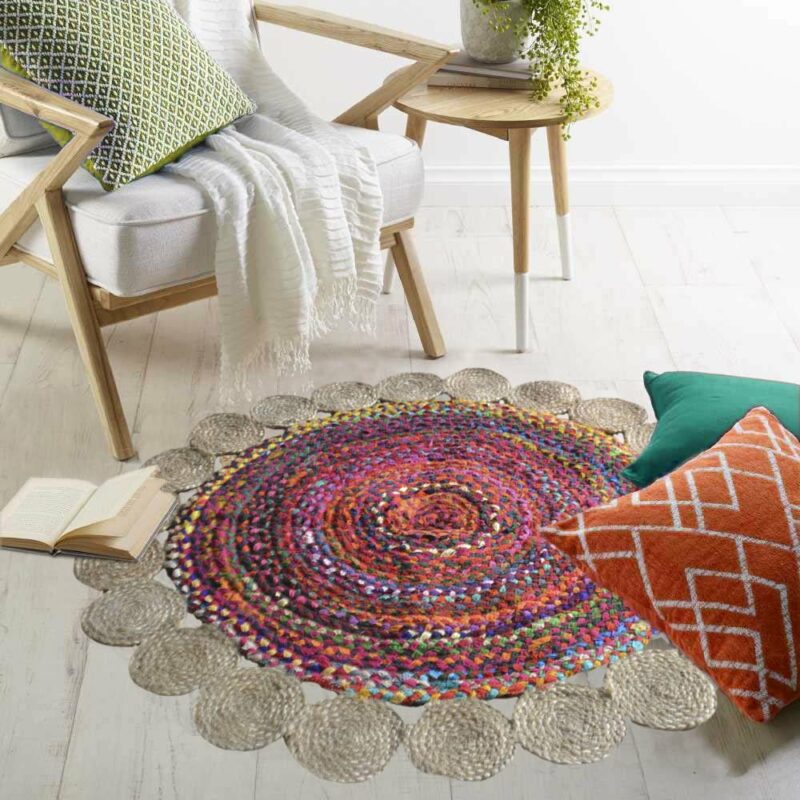 Jute and Chindi Floral Braided Rug – Natural Handwoven Area Mat
