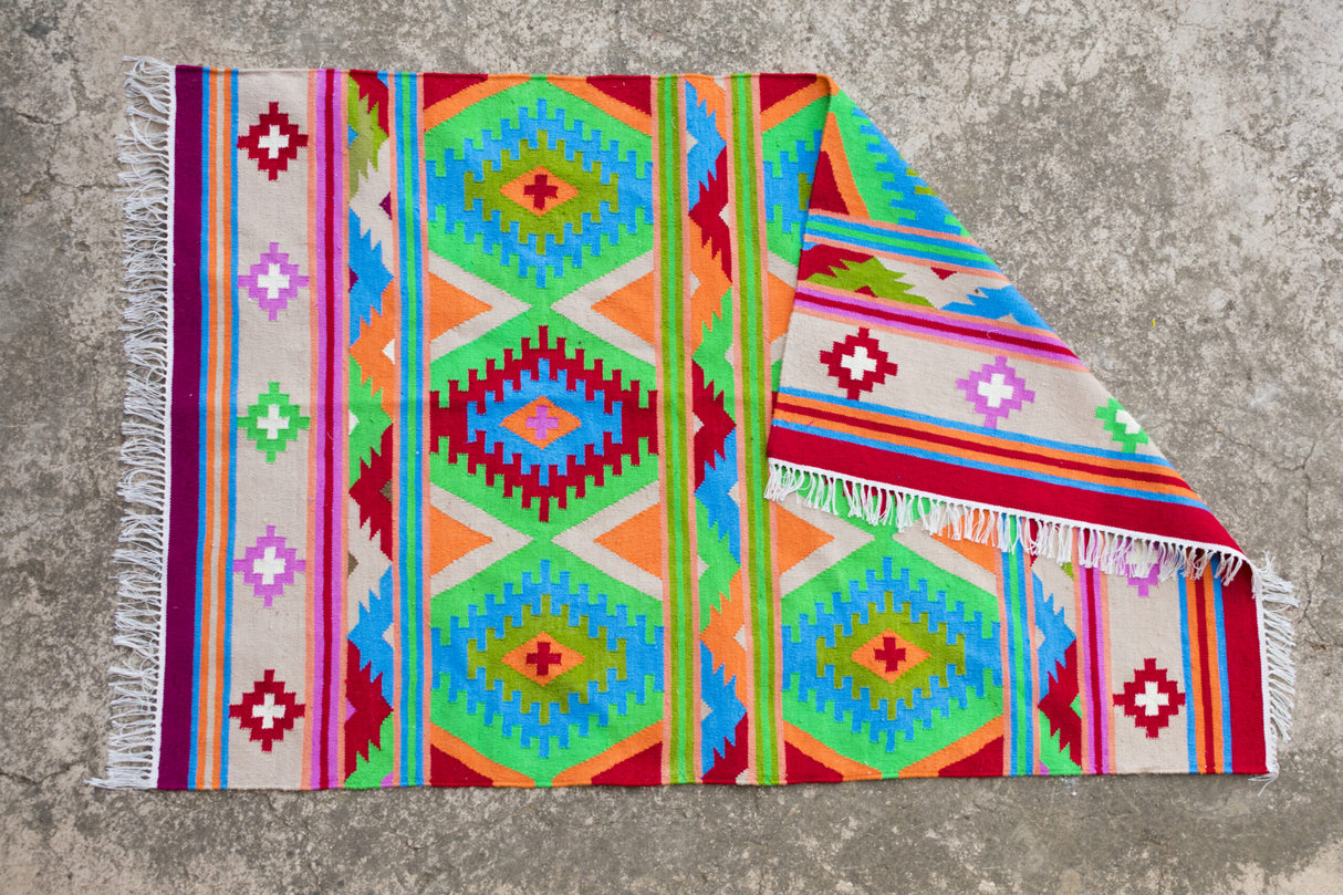 Wool Cotton Kilim Area Rugs, Colorful Rug