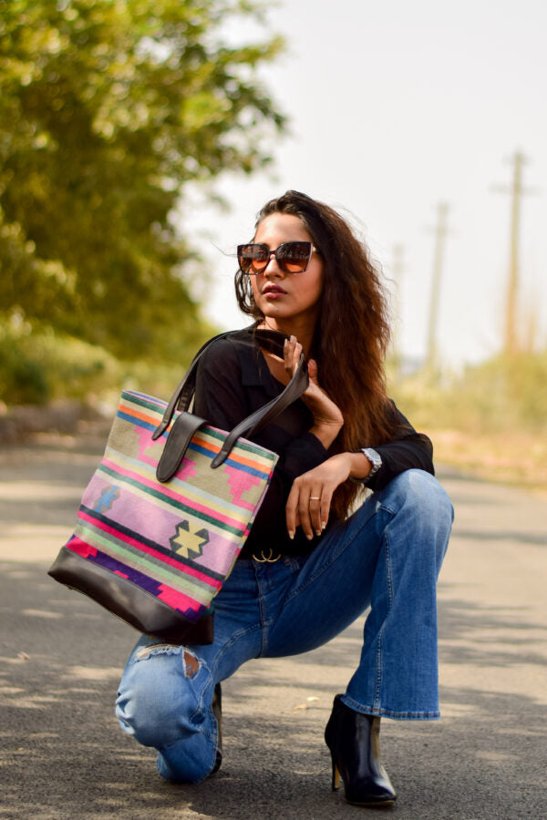 Traditional Indian Dhurrie Bags,The Colorful Melody Tote Bag