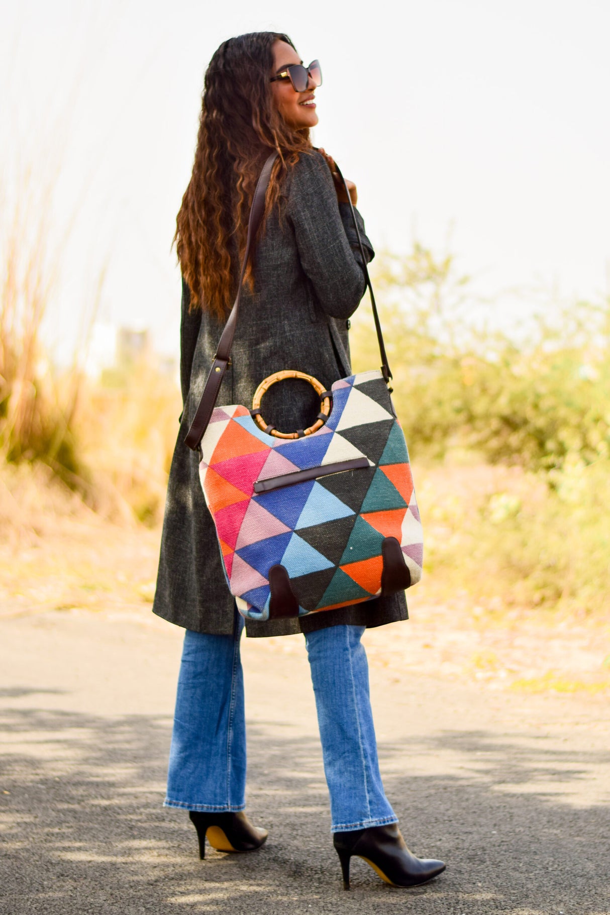 Triangular Tryst Wooden Handle Bag,Traditional Indian Dhurrie Bags