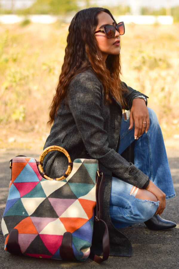 Triangular Tryst Wooden Handle Bag,Traditional Indian Dhurrie Bags