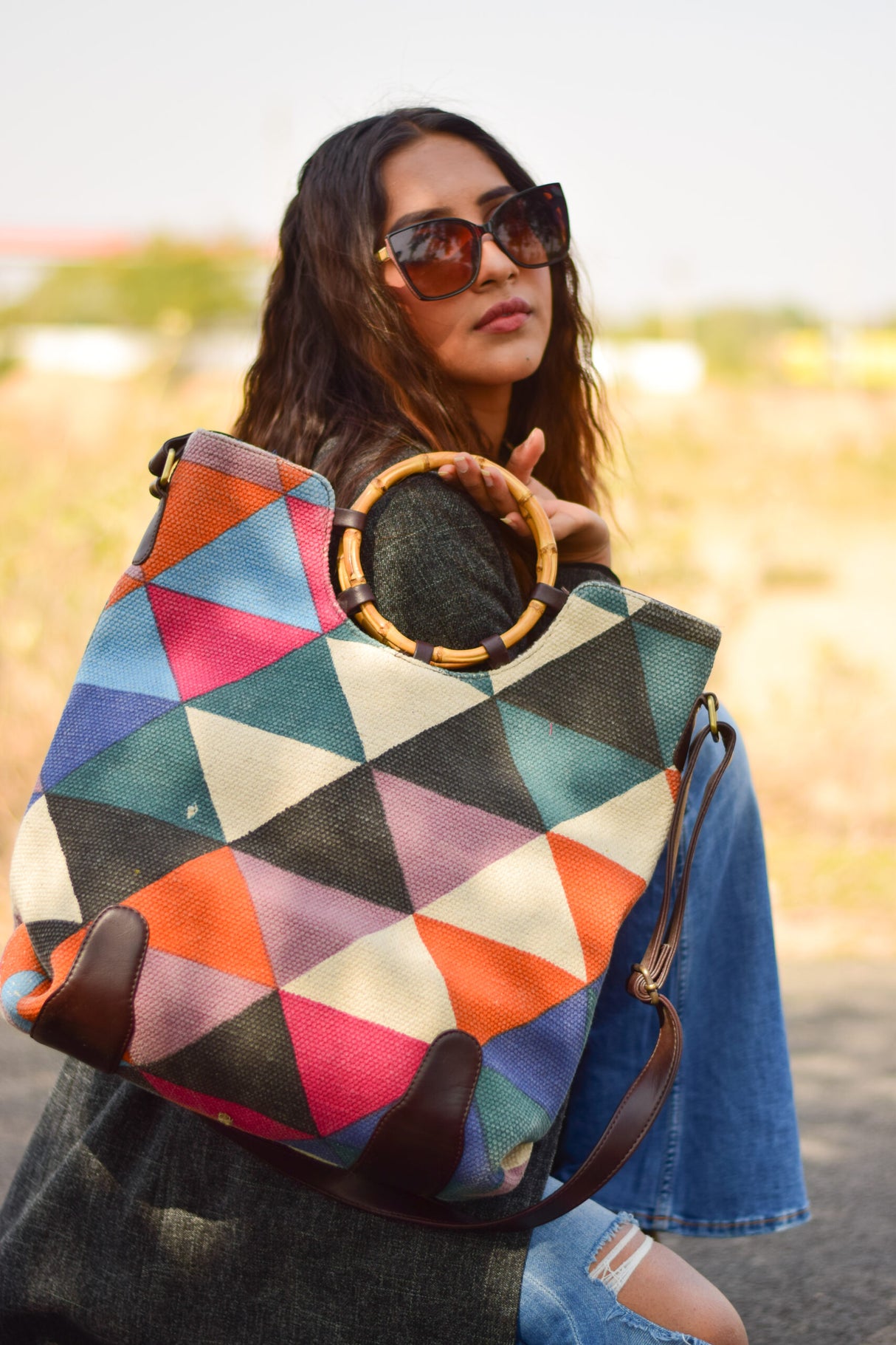 Triangular Tryst Wooden Handle Bag,Traditional Indian Dhurrie Bags