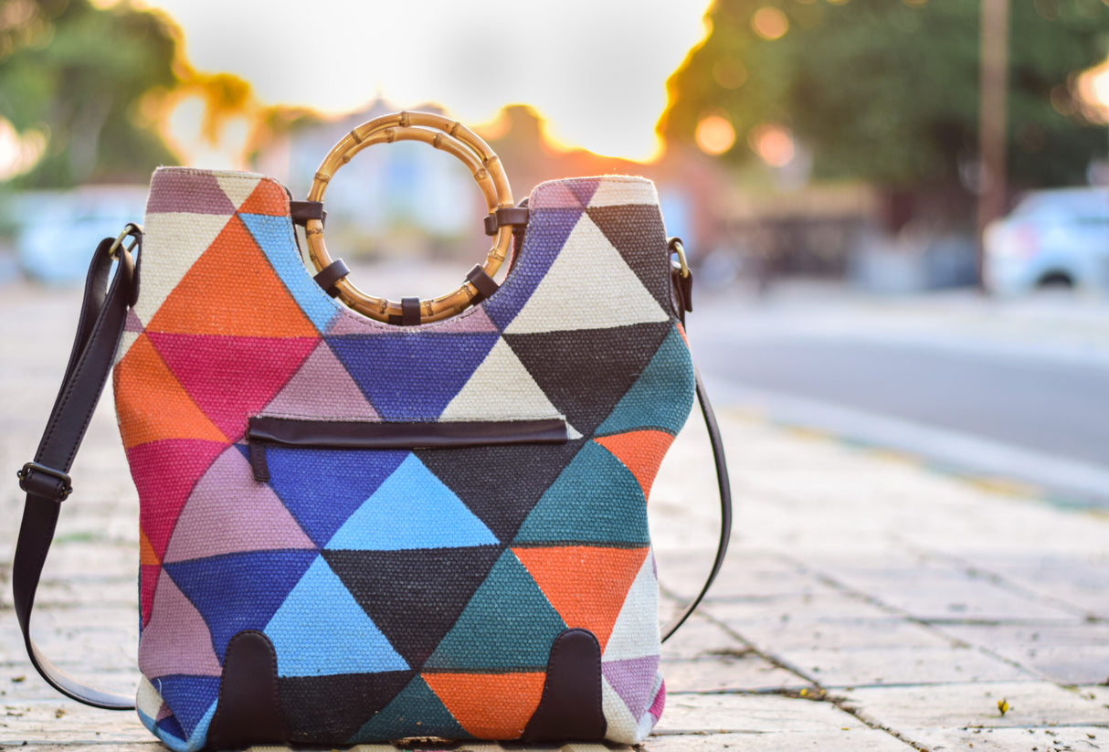 Triangular Tryst Wooden Handle Bag,Traditional Indian Dhurrie Bags