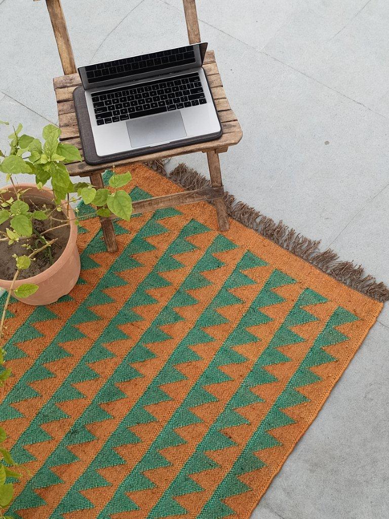 Green & Beige Jute Kilim Area Rug