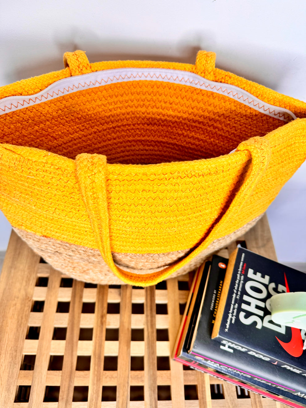 Jute Tote Bag - Sunshine Yellow & Brown