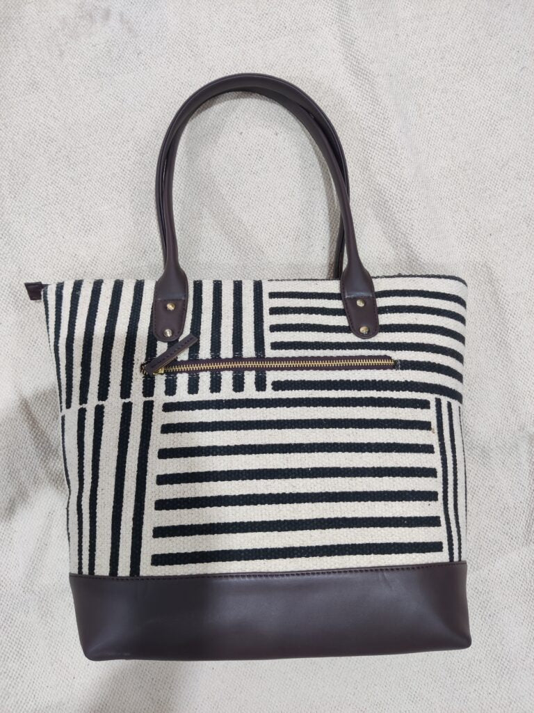Cotton Black Strips Tote Bag,Handmade Indian Dhurrie Bags