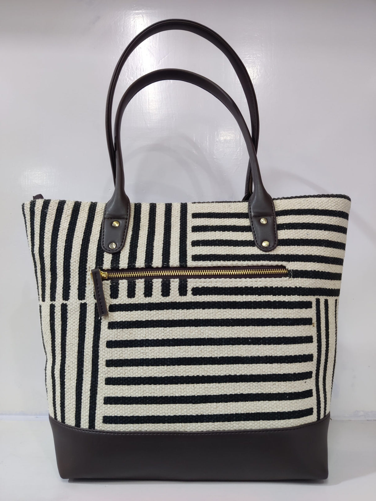 Cotton Black Strips Tote Bag,Handmade Indian Dhurrie Bags