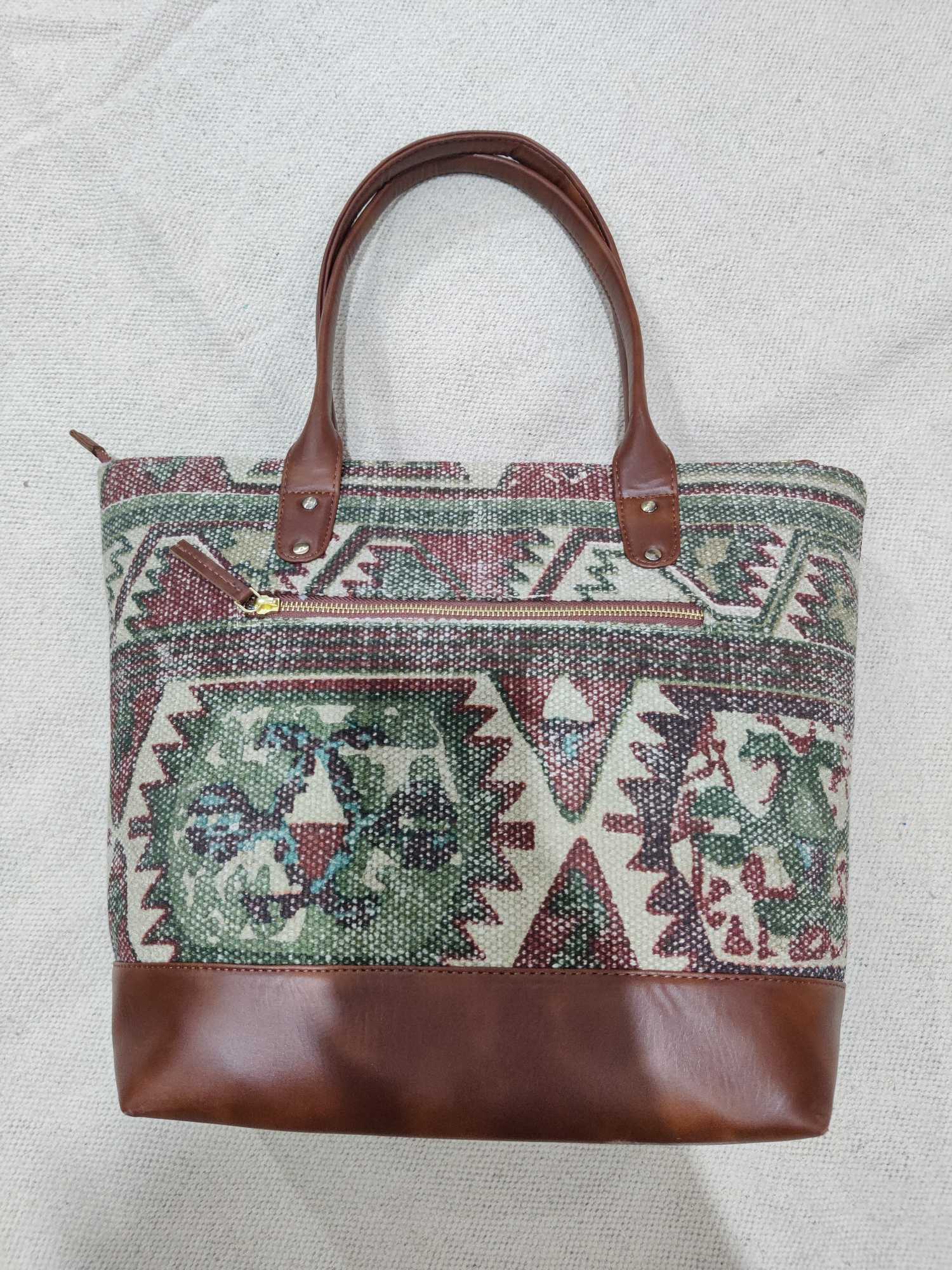 Cotton Printed Dhurrie Sling Bag,Green,Handwoven Dhurrie Bags