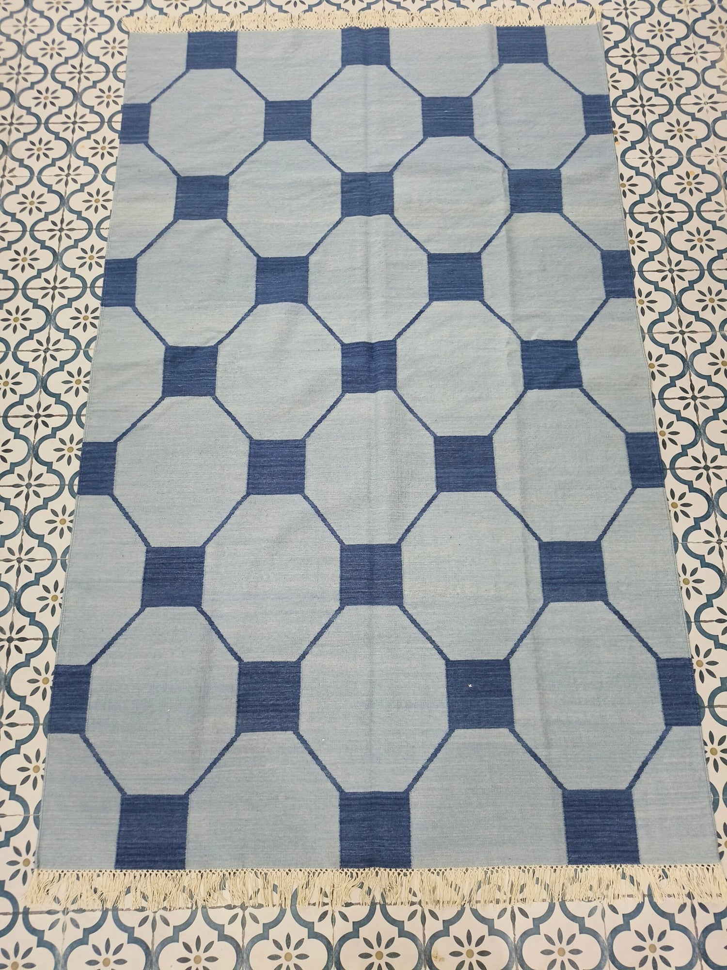 Blue And Navy Neutral Wool Cotton Rug , Handmade Modern Kilim Woven Rug