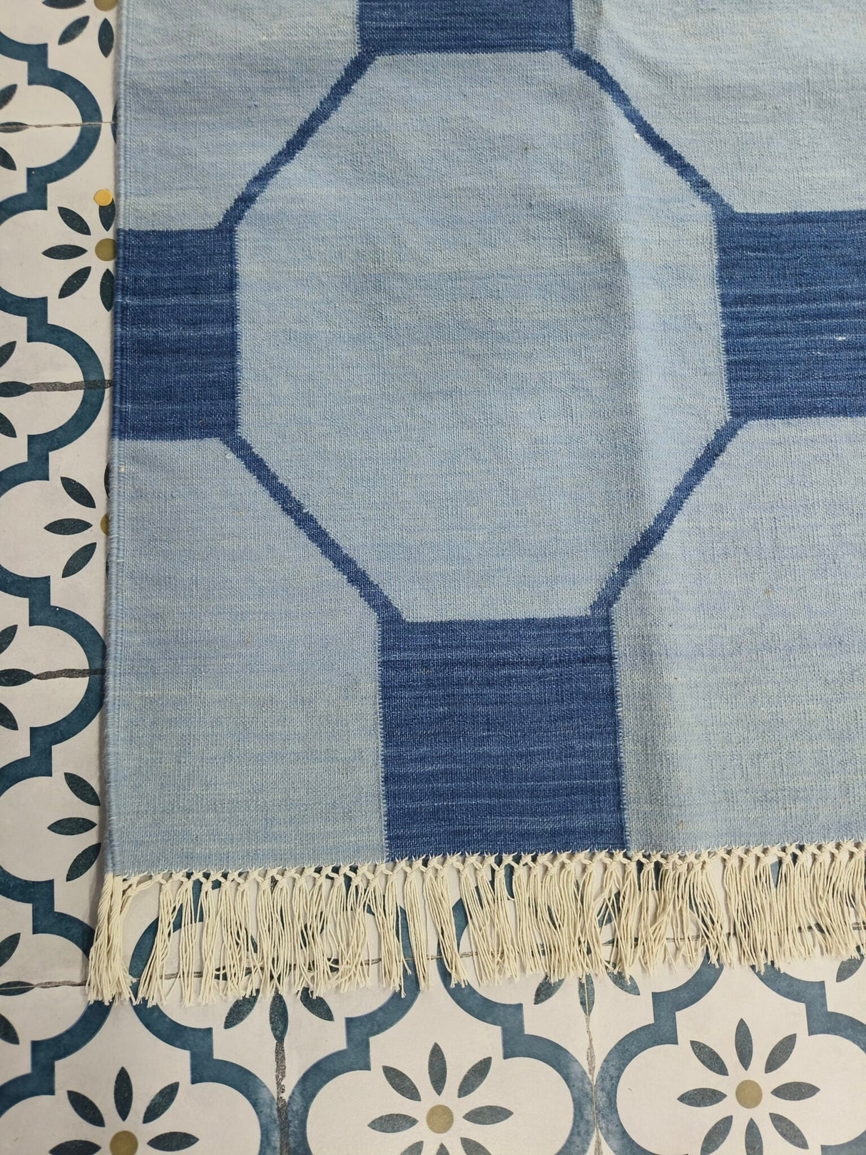 Blue And Navy Neutral Wool Cotton Rug , Handmade Modern Kilim Woven Rug