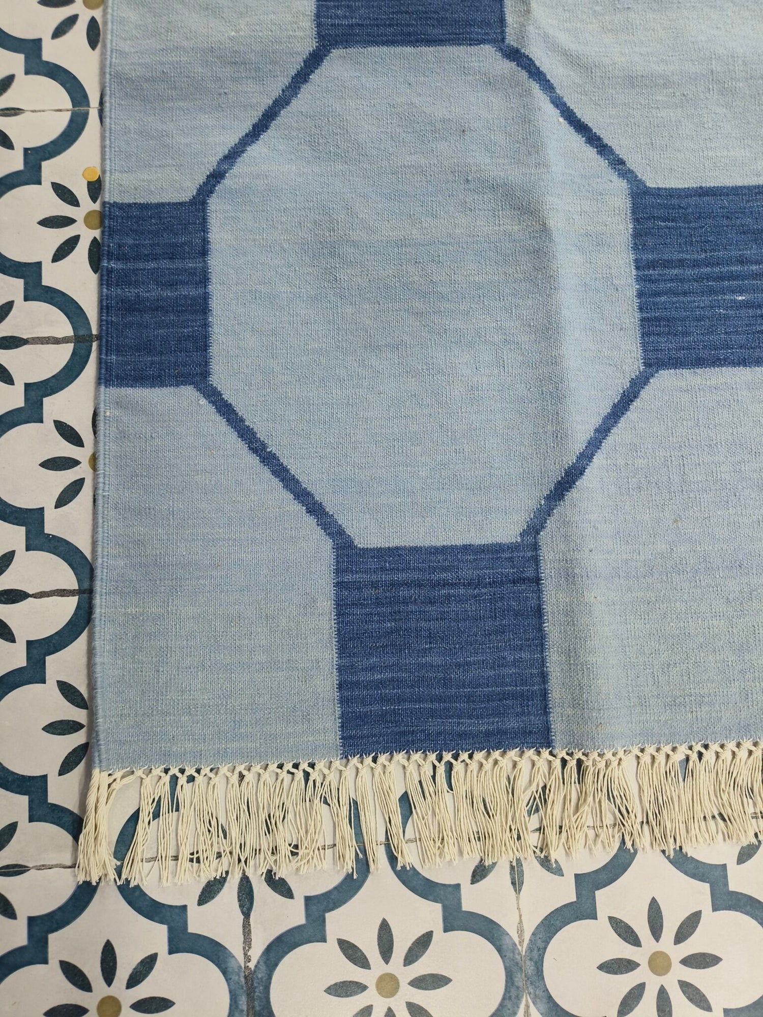 Blue And Navy Neutral Wool Cotton Rug , Handmade Modern Kilim Woven Rug