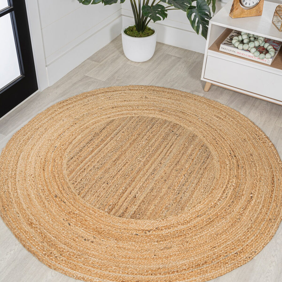 Handwoven Two-Tone Jute Round Rug – Boho Chic Hippy Area Rug