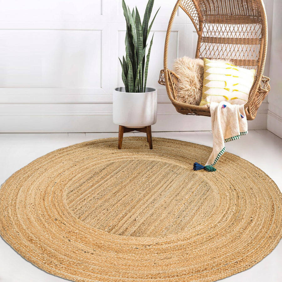 Handwoven Two-Tone Jute Round Rug – Boho Chic Hippy Area Rug