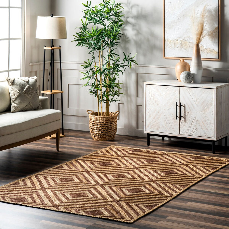 Diamond Pattern Jute Area Rug – Natural Handwoven Rug for Living Room