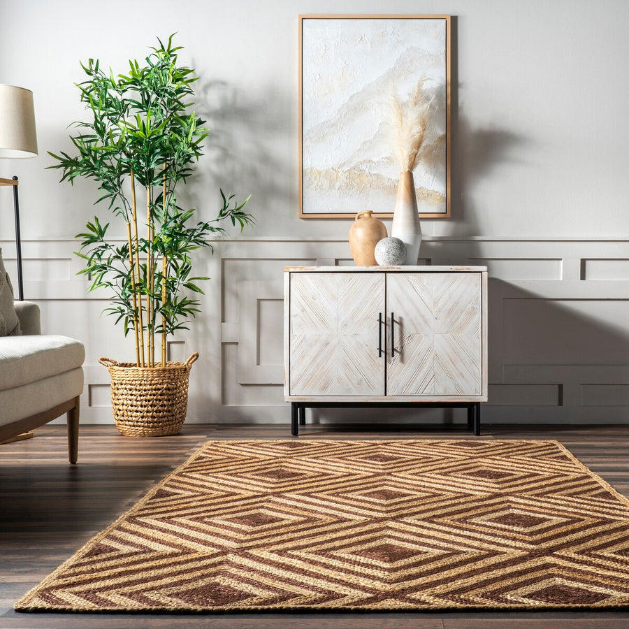 Diamond Pattern Jute Area Rug – Natural Handwoven Rug for Living Room