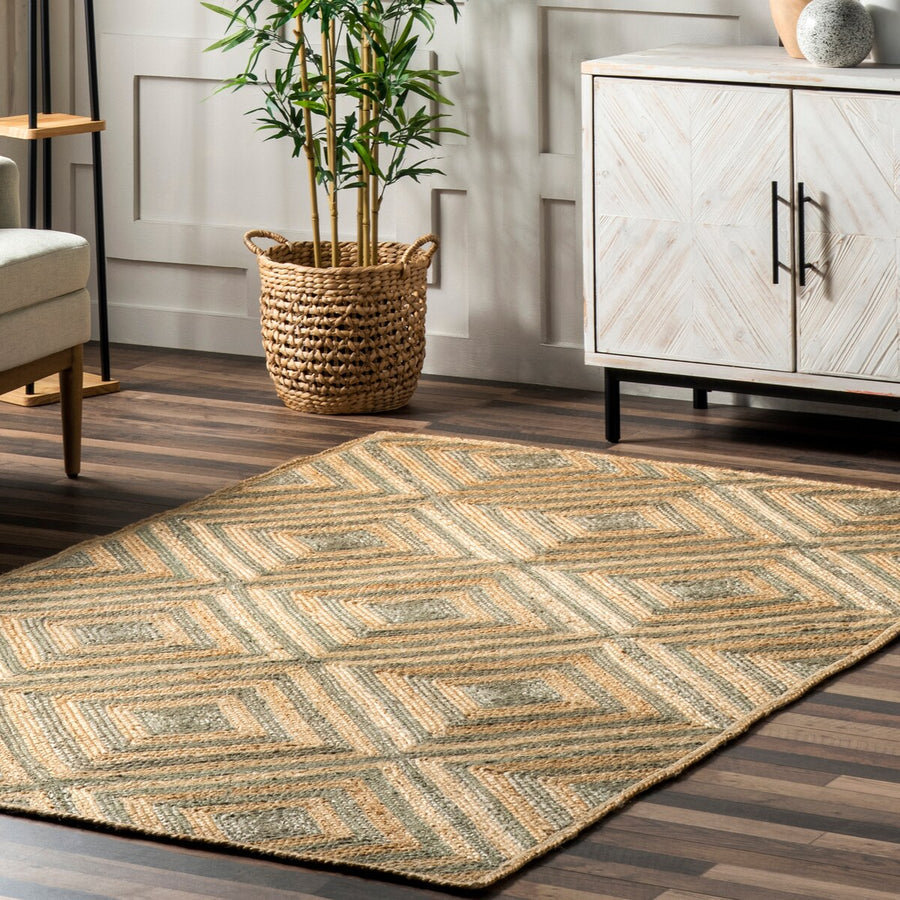 Diamond Pattern Jute Area Rug – Natural Handwoven Rug for Living Room
