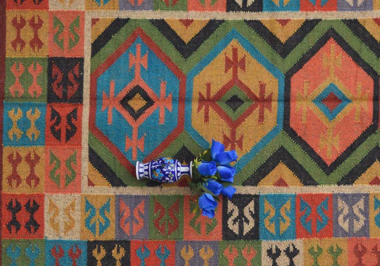Boho Wool Jute Kilim Rug Handmade Multicolor Rug