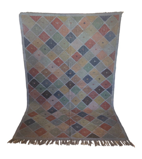 Kilim Flatweave Rug Handmade Wool Jute Multicolor Checkered Rug