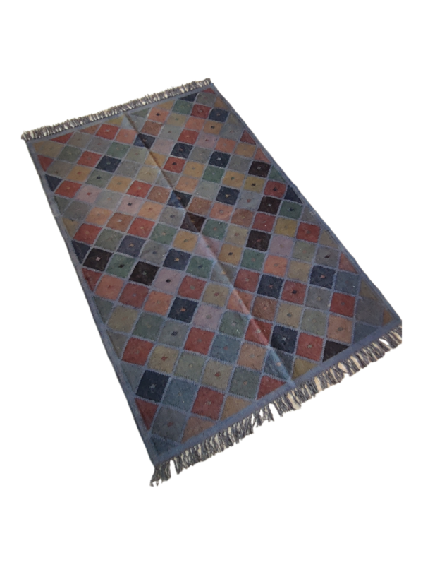 Kilim Flatweave Rug Handmade Wool Jute Multicolor Checkered Rug