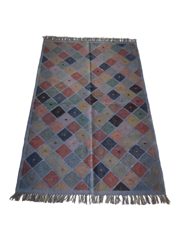 Kilim Flatweave Rug Handmade Wool Jute Multicolor Checkered Rug