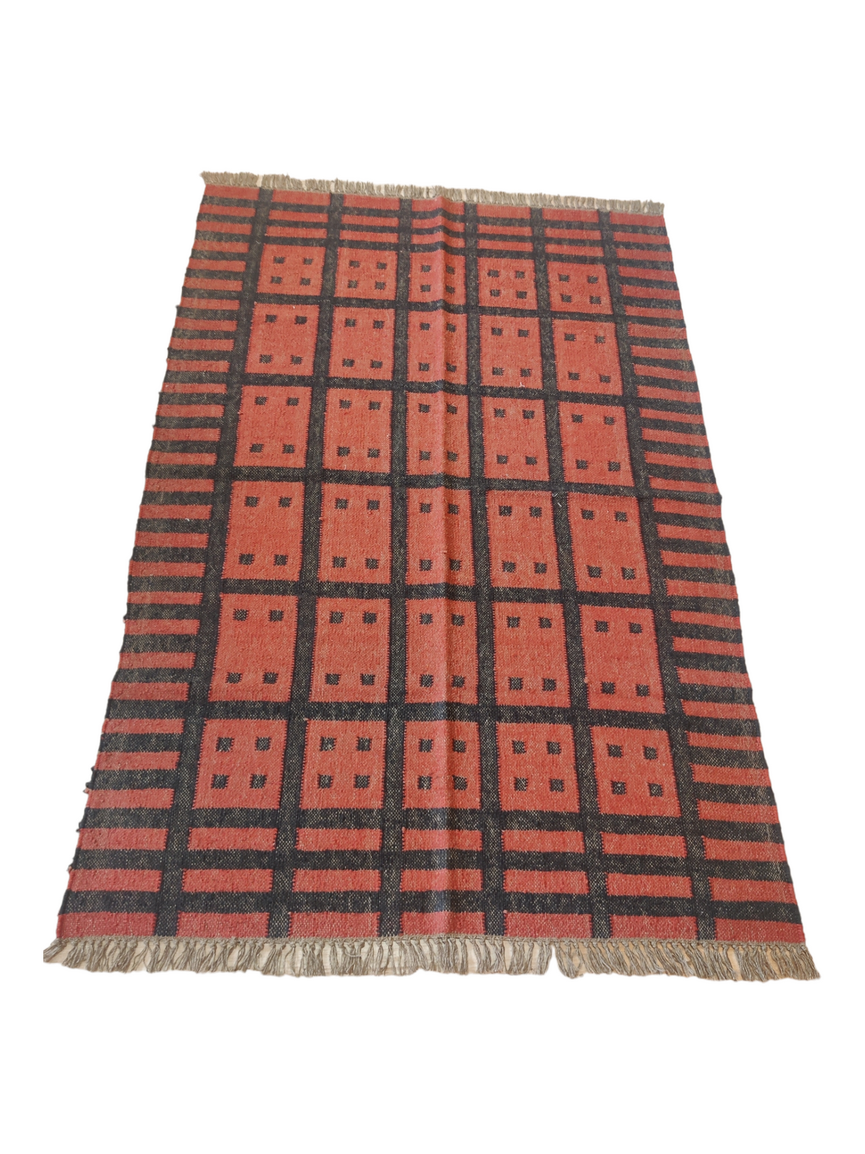 Wool Kilim Rug Indian Handmade Black And Rust Accent Area Rug