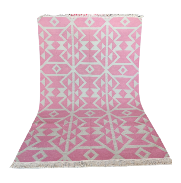 Natural Cotton Wool Kilim Dhurrie Rug Vintage Pink Handmade Cotton Wool Rug