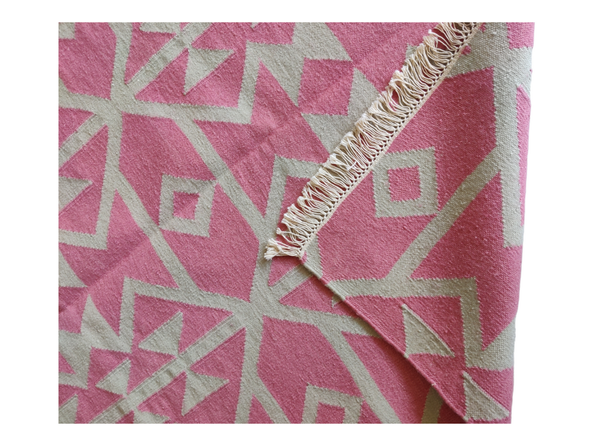 Natural Cotton Wool Kilim Dhurrie Rug Vintage Pink Handmade Cotton Wool Rug