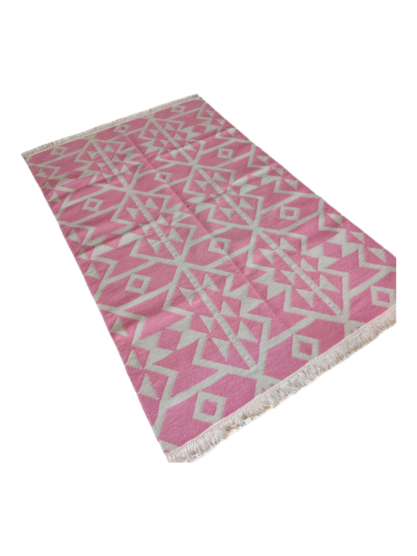 Natural Cotton Wool Kilim Dhurrie Rug Vintage Pink Handmade Cotton Wool Rug