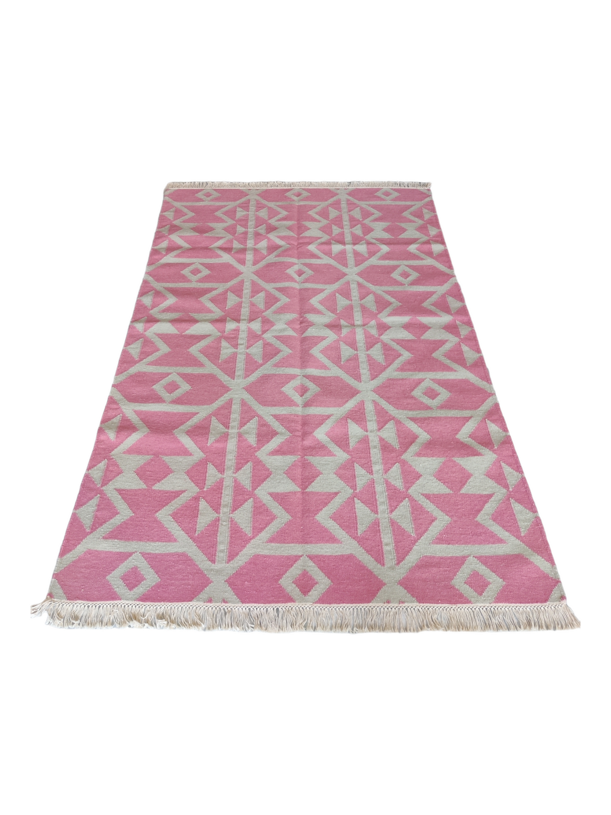 Natural Cotton Wool Kilim Dhurrie Rug Vintage Pink Handmade Cotton Wool Rug