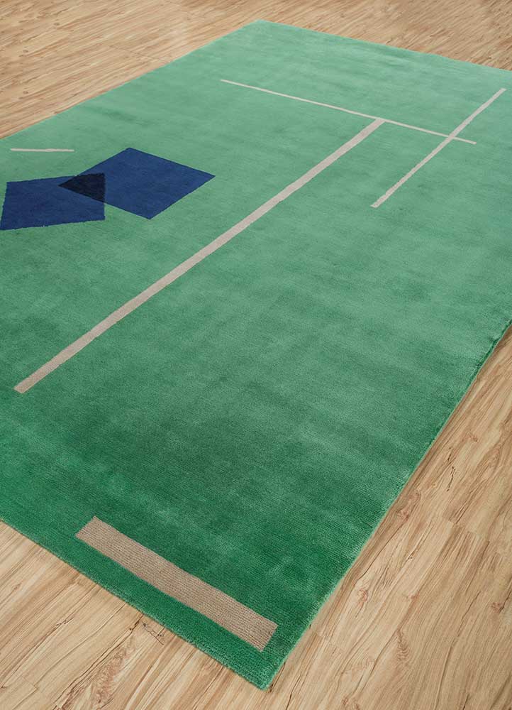 Marine Green And Soft Beige Hand Knotted Bamboo Silk Wool Rug