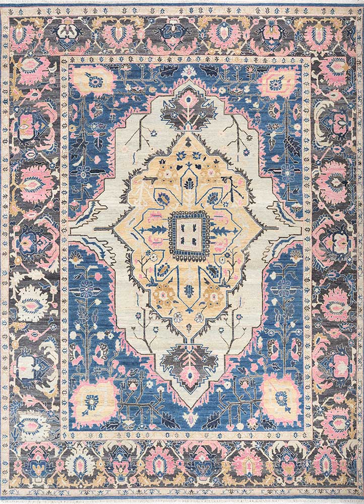 Savana Bijou Blue/Coral Essence Hand Knotted Antique Rugs