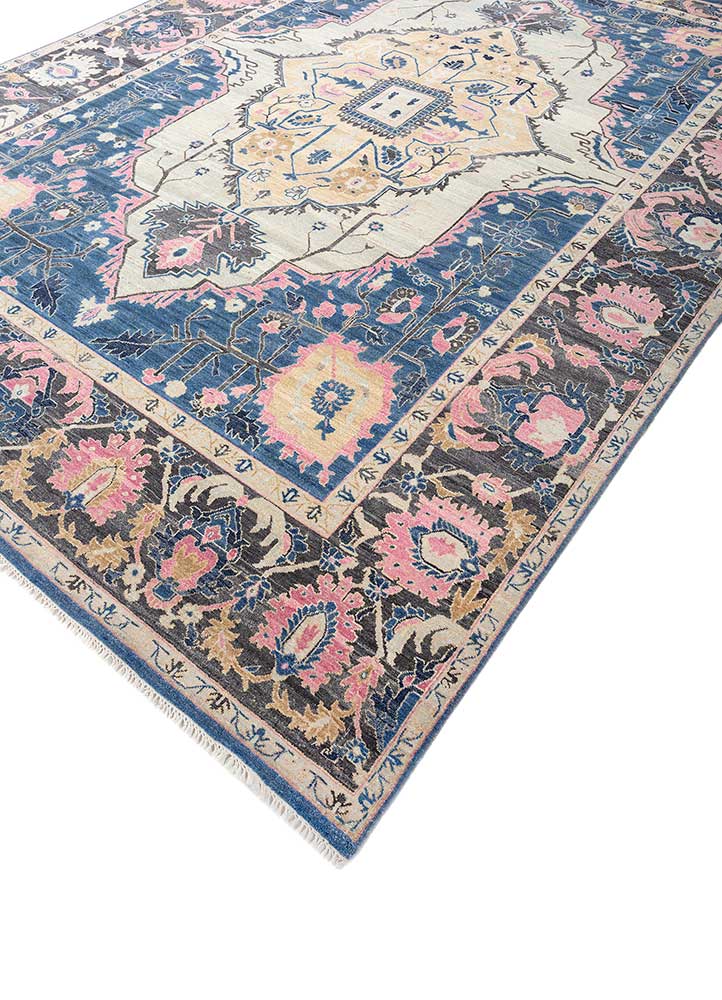 Savana Bijou Blue/Coral Essence Hand Knotted Antique Rugs