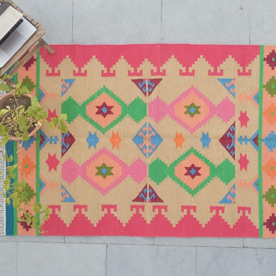 Dhurrie Rugs Green And Pink Cotton Wool Rug