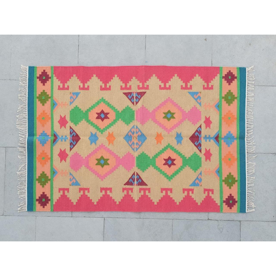Dhurrie Rugs Green And Pink Cotton Wool Rug