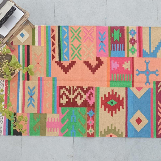 Kilim Dhurrie Rugs, Living Room Multicolor Cotton Wool Rug