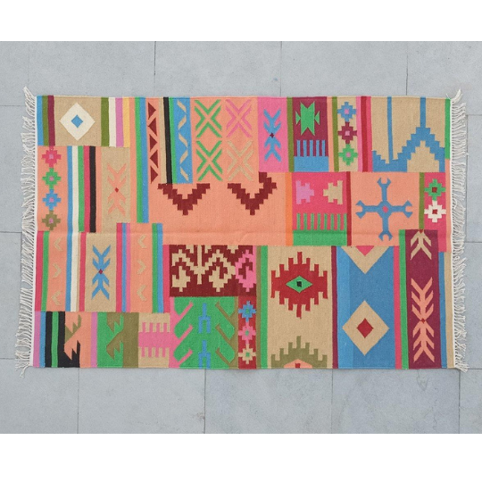 Kilim Dhurrie Rugs, Living Room Multicolor Cotton Wool Rug