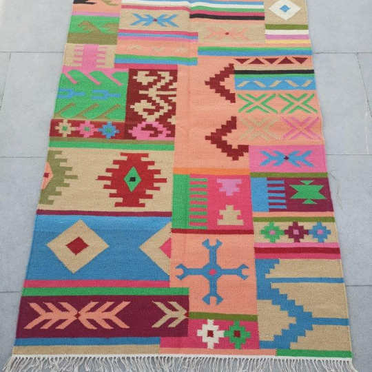 Kilim Dhurrie Rugs, Living Room Multicolor Cotton Wool Rug