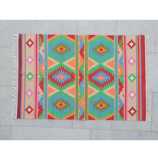 Wool Cotton Kilim Area Rugs, Colorful Rug