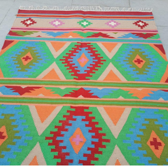 Wool Cotton Kilim Area Rugs, Colorful Rug