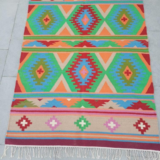 Wool Cotton Kilim Area Rugs, Colorful Rug